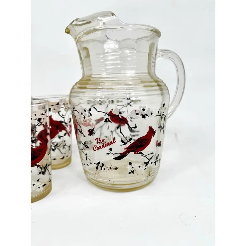 Vintage Hazel Atlas Pitcher Set Cardinal and Dogwood Pitcher and 5 Glasses